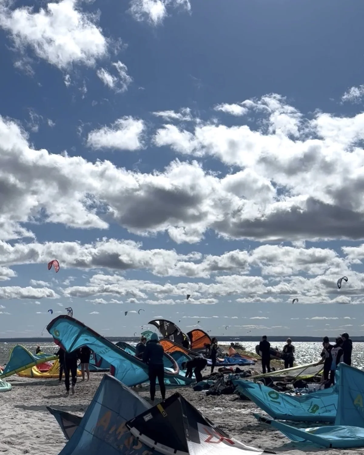 Dzień z mocnym wiatrem na Zatoce Puckiej, latawce na plaży i na wodzie